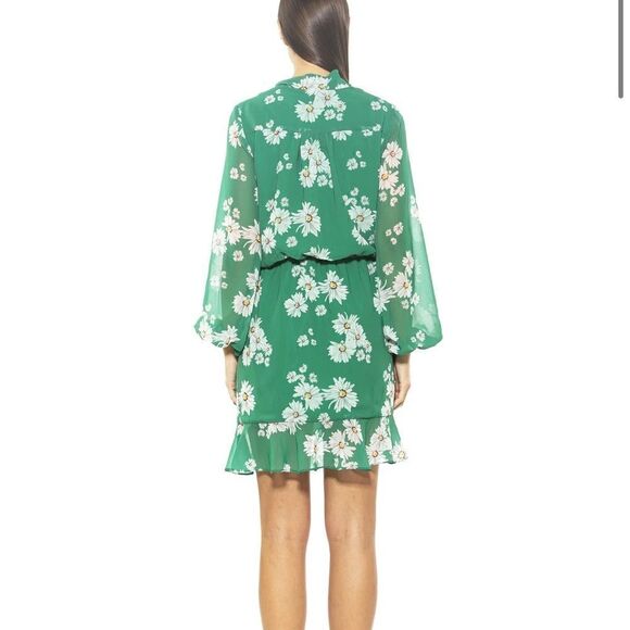 Alexia Admor Kathlyn Blouson Ruffle Skirt Dress In Green Daisy Size 2 - Picture 2 of 11